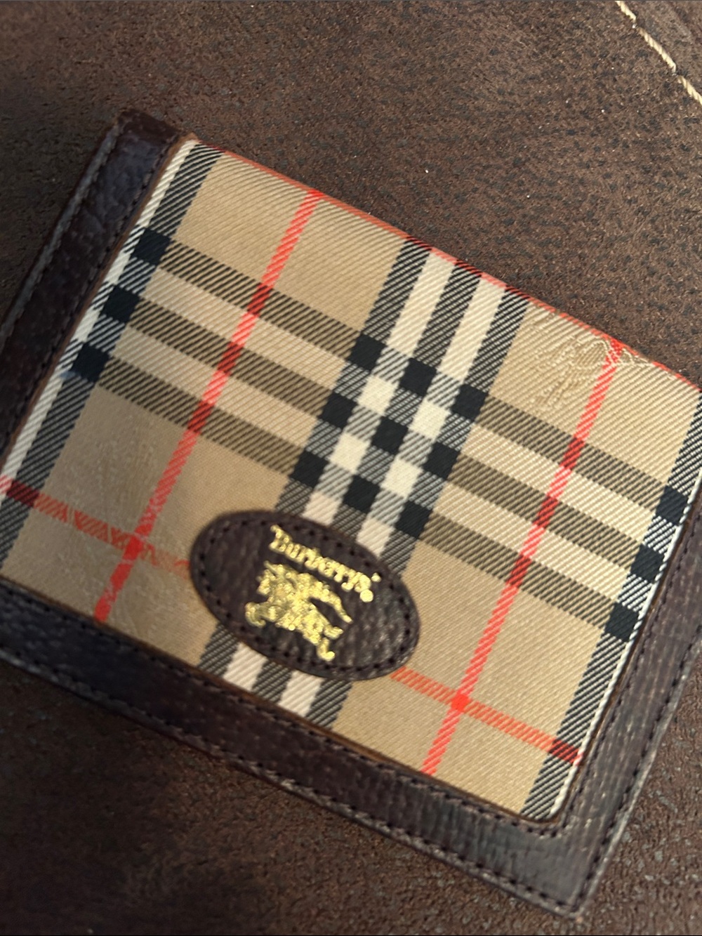 Burberry Beige Check Bifold Wallet with Brown Trim and Red Accents